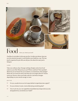 Food chapter opening: halved papaya, a cup of coffee, cake and a table setting.